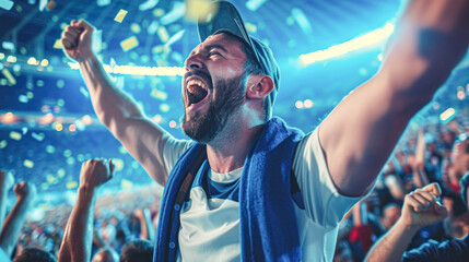 Excited Sports Fan Cheering in Stadium.Euphoric male sports fan shouting in support, surrounded by stadium crowd during a live sporting event, capturing the passion of fandom.