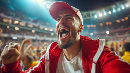 Excited Sports Fan Cheering in Stadium.Euphoric male sports fan shouting in support, surrounded by stadium crowd during a live sporting event, capturing the passion of fandom.