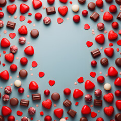chocolates and red hearts background