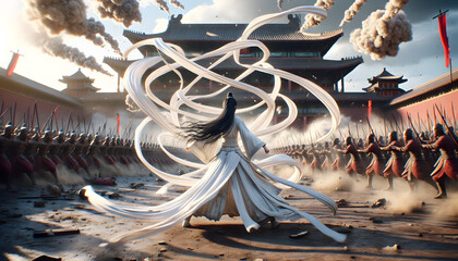surreal masterpiece in extreme detail, portraying a female warrior using her long white clothes as a weapon against ancient soldiers, set against the backdrop of the Forbidden City - obrazy, fototapety, plakaty