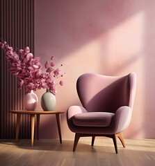 A sofa chair  , A two flower vase are situated on a table, wooden floor,pink,purple