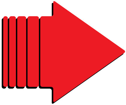 Horizontal image. Red arrow pointing to the right and shadow. Gradualist thickness line. transparent background. PNG isolated