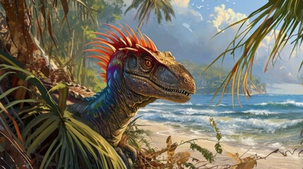 A dilophosaurus hiding in the tall beach gr its colorful crest peeking out as it waits for prey to p by. - obrazy, fototapety, plakaty