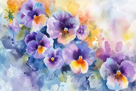 Watercolor flowers pansies, floral background. Natural multicolored backdrop.
