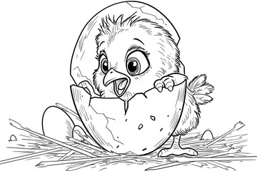 An Easter chick breaking out of an egg coloring book black and white outline cartoon. Coloring book for kids. - Powered by Adobe