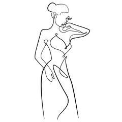 Elegant Female Silhouette Continuous One Line Drawing. Abstract Woman Figure Minimal Trendy Illustration. Woman Body Black Sketch on White. Abstract Home Decor, Wall Art. Vector EPS 10