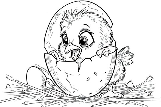 An Easter chick breaking out of an egg coloring book black and white outline cartoon. Coloring book for kids.