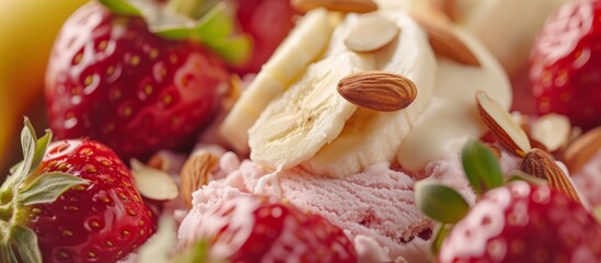 Blurred banana fruit and ice cream background with almond and fresh strawberry close-up.
