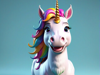 3D illustration of a happy unicorn on a rocking horse, with a very colorful mane. Concept of happiness, recklessness. 3D render character cartoon style Isolated