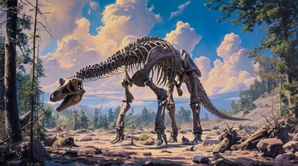 A towering sauropod femur juts out from the ground surrounded by smaller bones that once made up its sy legs.