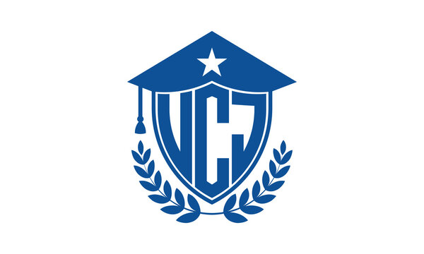 UCJ three letter iconic academic logo design vector template. monogram, abstract, school, college, university, graduation cap symbol logo, shield, model, institute, educational, coaching canter, tech