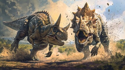 The ground trembles as the two mive dinosaurs charge towards each other their horns aimed straight at the others thick shieldlike frill. - obrazy, fototapety, plakaty