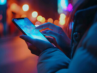 Close-up of woman's hand using smartphone at night in the city. Woman touching the screen of a smartphone in the dark, against illuminated city light bokeh, shopping street, searching or social networ
