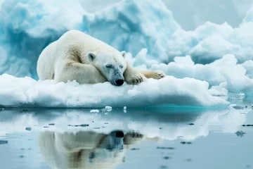  A serene image of a polar bear resting or sleeping on a drifting ice floe, Generative AI  © Nongkran