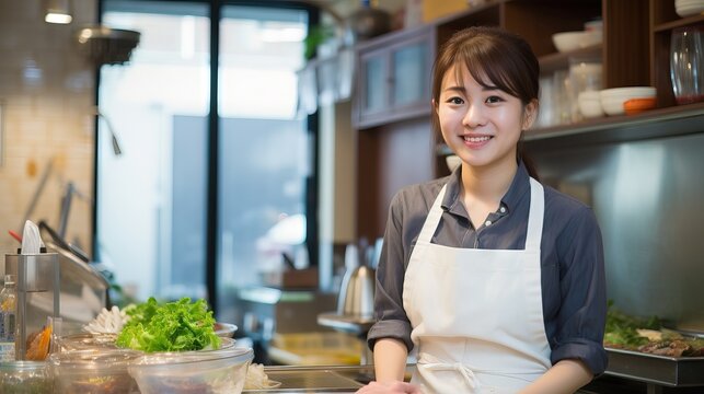 Japanese works in a cake shop pastry chef concept  with uniform She is a cake making staff Generative AI