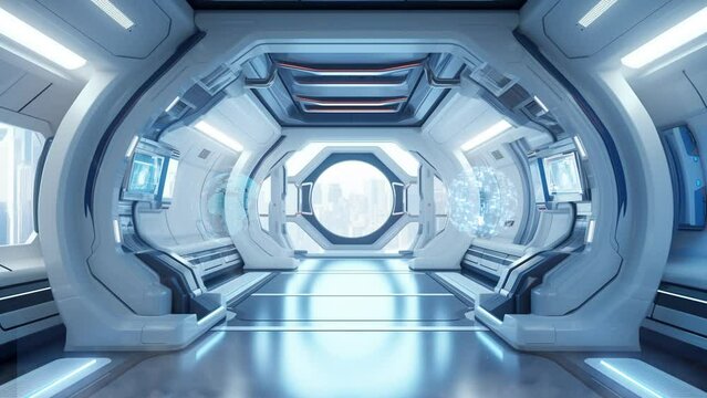 Futuristic Architecture Sci-Fi Corridor Interior. Concept of modern interior spaceship design. seamless looping overlay 4k virtual video animation background 