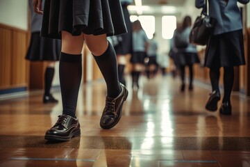 Close-up the feet of junior high school students walking through the classroom Generative AI - obrazy, fototapety, plakaty