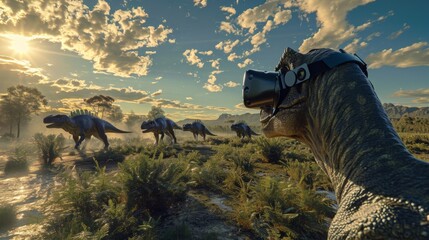 Through the use of virtual reality headsets visitors can transport themselves back in time to walk a a herd of herbivorous Hadrosaurs in a prehistoric landscape. - obrazy, fototapety, plakaty