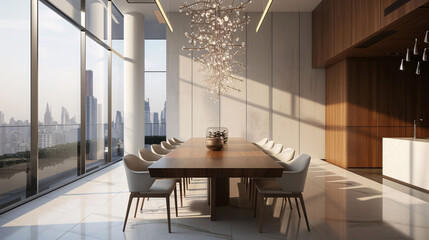 Luxury Dining Room with Modern Table and Cityscape View