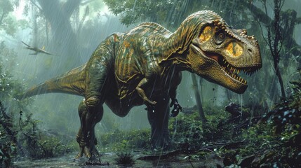 A determined allosaurus stalks through the wet underbrush undeterred by the lingering rain as it searches for its next prey.