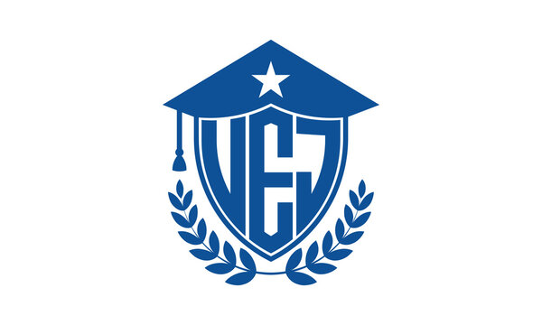 UEJ three letter iconic academic logo design vector template. monogram, abstract, school, college, university, graduation cap symbol logo, shield, model, institute, educational, coaching canter, tech