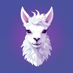 Flat Illustration of Furry Lama Head Isolated on Purple Background. Generative AI