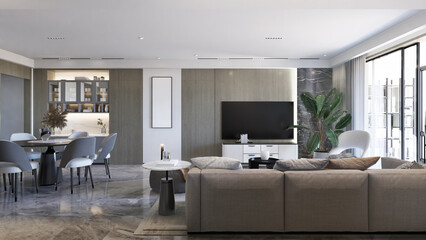 The modern luxury interior of the living room is bright and clean. 3D illustration
