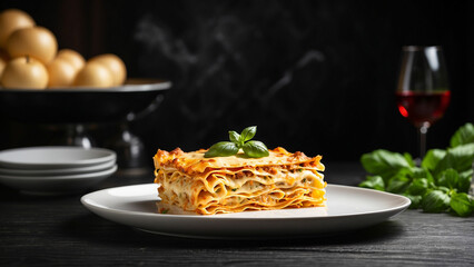 Fototapeta premium A cheese lasagna taking center stage on a clean white plate, situated on a glossy black wooden table and the mood and atmosphere created by this striking contrast