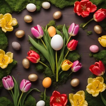 Easter Eggs Tulips Bunnies Flat Lay, Banner Image For Website, Background, Desktop Wallpaper. 