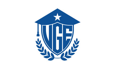 UGE three letter iconic academic logo design vector template. monogram, abstract, school, college, university, graduation cap symbol logo, shield, model, institute, educational, coaching canter, tech