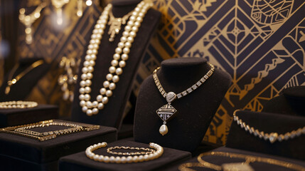 Luxury Jewelry Display Featuring Pearls and Diamonds - obrazy, fototapety, plakaty