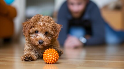 Happy cute puppy cockapoo breed  playing with ball