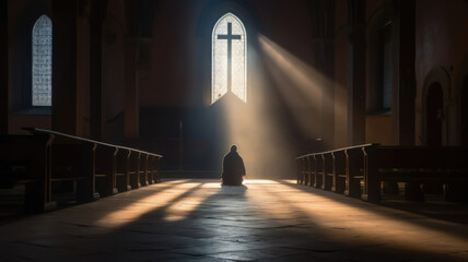 person sitting alone in a peaceful church setting near window with christian cross with light beams pouring in