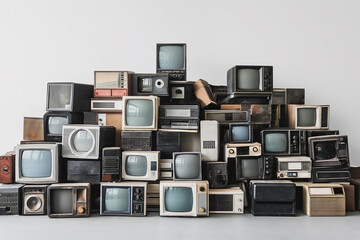 A large collection of vintage televisions stacked against a white background, representing the evolution of technology and media