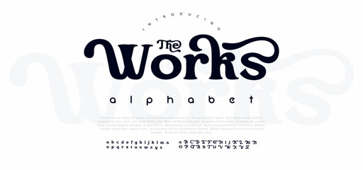 Works Premium luxury elegant alphabet letters and numbers. Elegant Tech typography classic serif font decorative vintage retro. Creative vector illustration