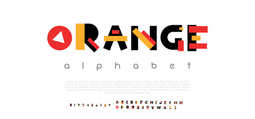 Orange Modern abstract digital alphabet font. Minimal technology typography, Creative urban sport fashion futuristic font and with numbers. vector illustration