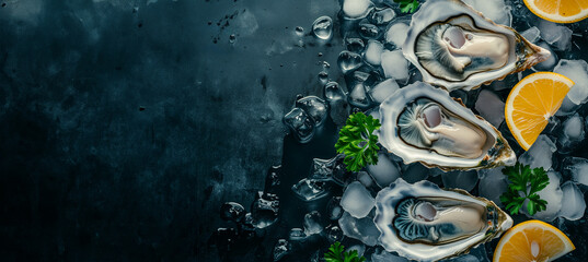 Fresh oysters on ice with lemon wedges and parsley garnish, displayed on a dark textured surface
