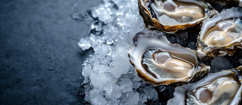 Fresh oysters on ice presented on a dark background with a place for text, ideal for seafood cuisine concepts