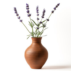 A terracotta vase with fresh lavender flowers isolated on a white background, representing a concept of natural home decor or aromatherapy