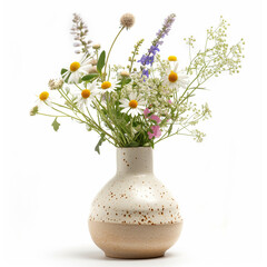 A rustic ceramic vase filled with a fresh bouquet of wildflowers on a white background, ideal for springtime or nature-related themes