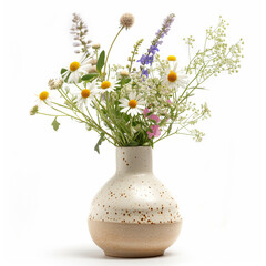 A rustic ceramic vase filled with a fresh bouquet of wildflowers on a white background, ideal for springtime or nature-related themes © Nataliia