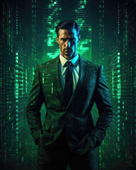 man in suit with with code background
