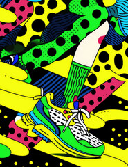 an illustrated green colored vertical poster of a woman running quickly with sports running shoes