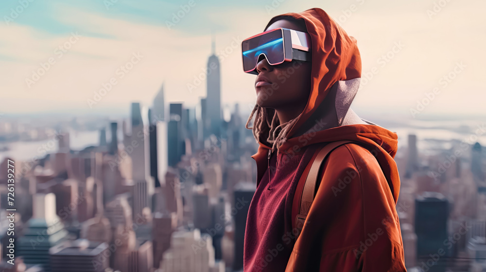 Wall mural Young Black woman with VR headset and hoodie with city landscape in background