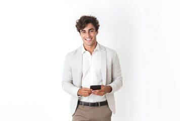 portrait of a smiling young man in business casual with a cellphone on blank white background