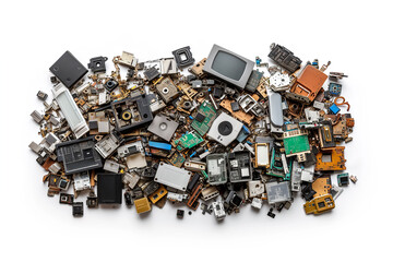 A diverse pile of assorted electronic waste components and parts, highlighting the concept of technology recycling or e-waste management, isolated on a white background