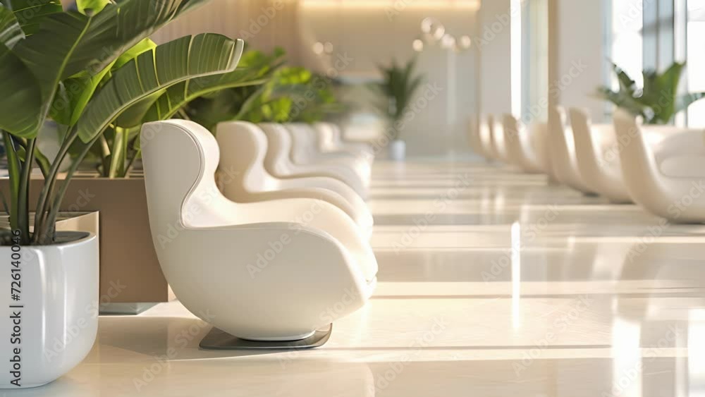 Poster a row of sleek white chairs with curving organic armrests providing ergonomic support and adding vis