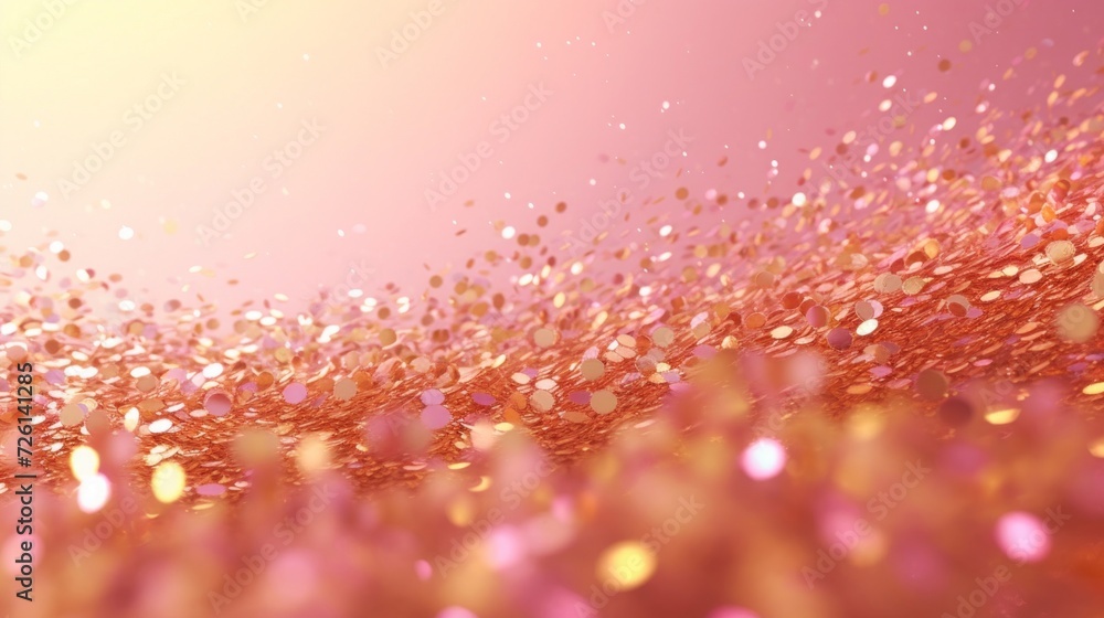 Poster close-up of shimmering gold particles on a vibrant pink gradient backdrop with bokeh effect.
