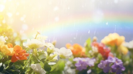 Rain falls on vibrant flowers with a delicate rainbow arcing in the background, signifying renewal.