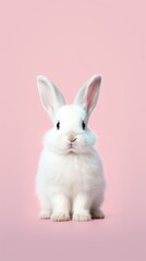 A cute white bunny with fluffy fur sitting on a soft pink background, looking directly at the viewer.